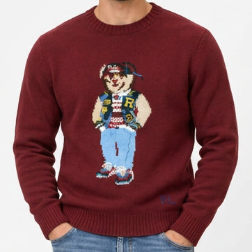 Premium Exclusive High-End Quality Burgundy Crew-Neck Knit Pullover with Bear Graphic