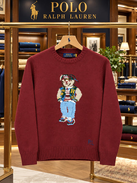 Premium Exclusive High-End Quality Burgundy Crew-Neck Knit Pullover with Bear Graphic
