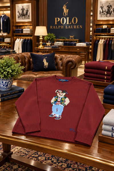Premium Exclusive High-End Quality Burgundy Crew-Neck Knit Pullover with Bear Graphic