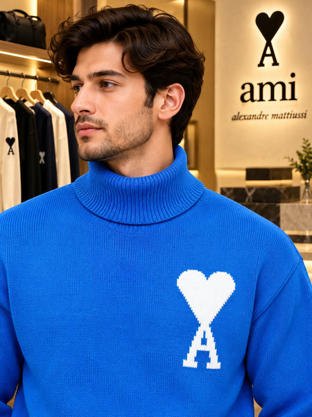 Premium Exclusive High-End Quality Bright Blue Soft Knit Turtleneck Pullover
