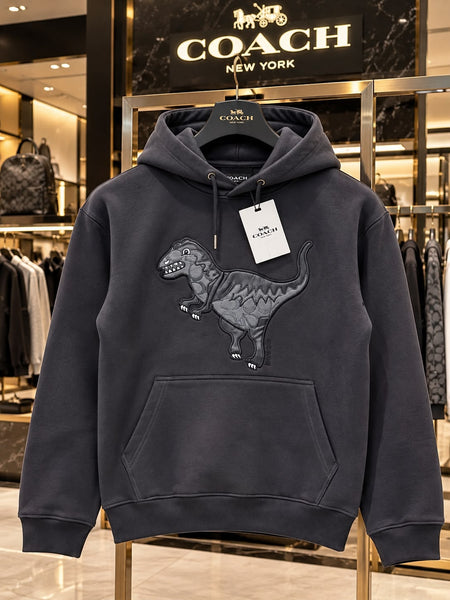 Premium Exclusive High-End Quality Dark Grey Embroidered Dinosaur Graphic Hoodie
