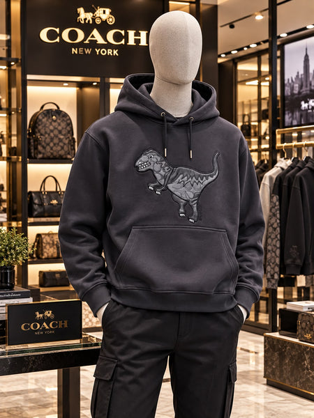 Premium Exclusive High-End Quality Dark Grey Embroidered Dinosaur Graphic Hoodie