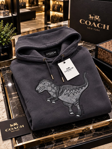 Premium Exclusive High-End Quality Dark Grey Embroidered Dinosaur Graphic Hoodie