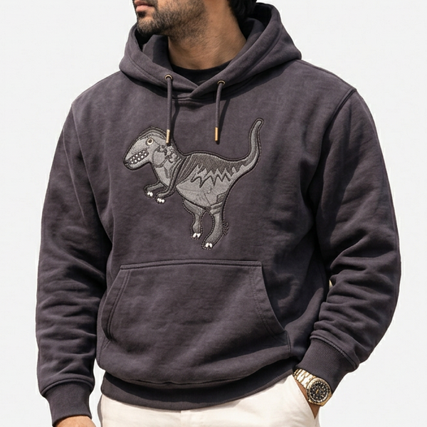 Premium Exclusive High-End Quality Dark Grey Embroidered Dinosaur Graphic Hoodie