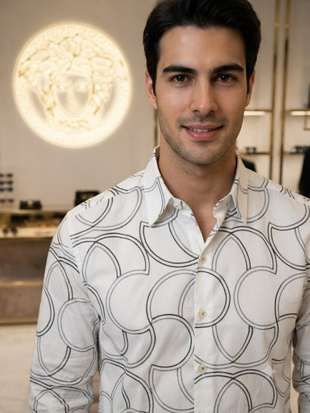 Premium Exclusive High-End Quality White Geometric Print Long Sleeve Shirt