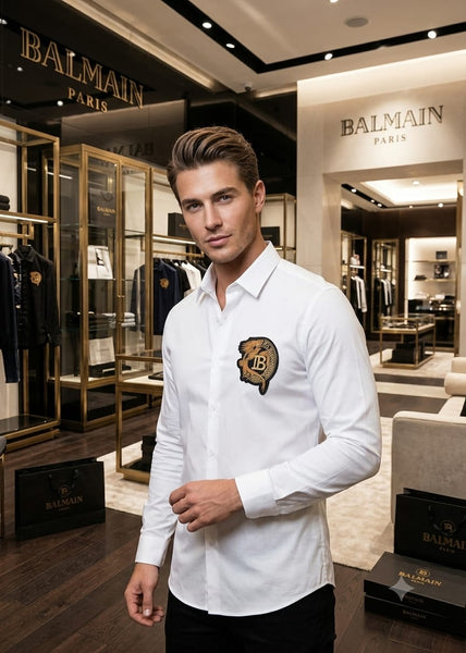 Premium Exclusive High-End Quality White Regular Fit Button-Down Shirt with Crest Emblem