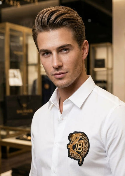 Premium Exclusive High-End Quality White Regular Fit Button-Down Shirt with Crest Emblem