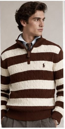 Premium Exclusive High-End Quality Striped Cable Knit Quarter-Zip Pullover