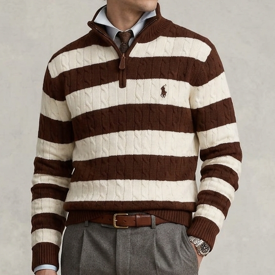 Premium Exclusive High-End Quality Striped Cable Knit Quarter-Zip Pullover