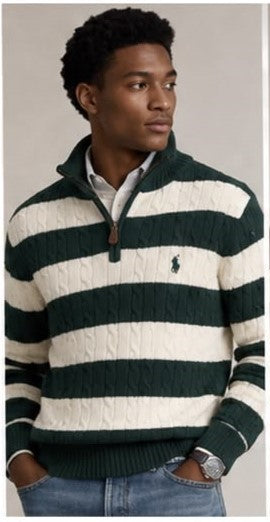 Premium Exclusive High-End Quality Striped Cable Knit Quarter-Zip Pullover