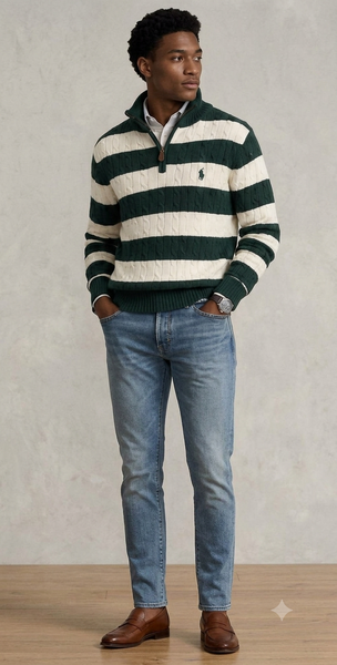 Premium Exclusive High-End Quality Striped Cable Knit Quarter-Zip Pullover