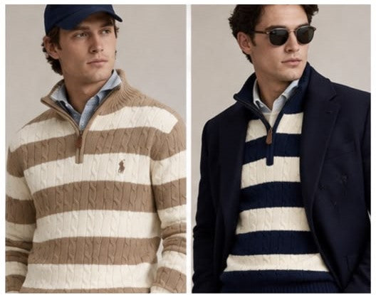 Premium Exclusive High-End Quality Striped Cable Knit Quarter-Zip Pullover