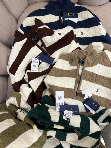 Premium Exclusive High-End Quality Striped Cable Knit Quarter-Zip Pullover