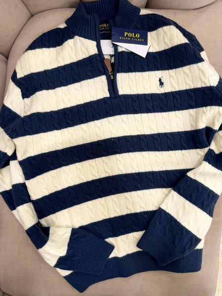 Premium Exclusive High-End Quality Striped Cable Knit Quarter-Zip Pullover