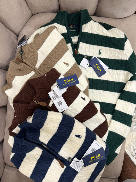 Premium Exclusive High-End Quality Striped Cable Knit Quarter-Zip Pullover