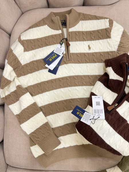 Premium Exclusive High-End Quality Striped Cable Knit Quarter-Zip Pullover
