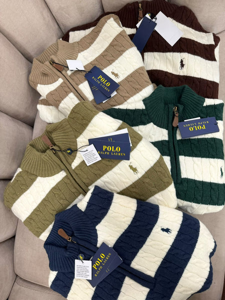 Premium Exclusive High-End Quality Striped Cable Knit Quarter-Zip Pullover