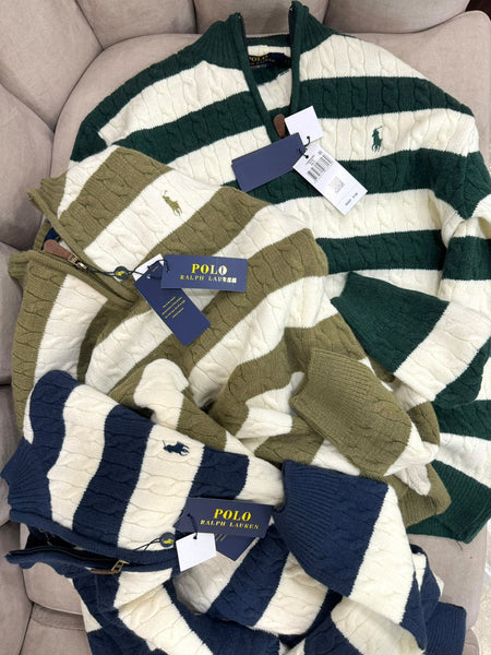 Premium Exclusive High-End Quality Striped Cable Knit Quarter-Zip Pullover