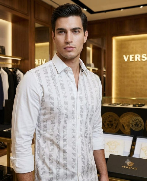 Premium Exclusive High-End Quality White Geometric Stripe Long Sleeve Shirt