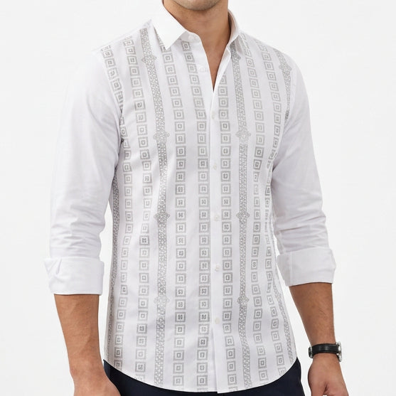 Premium Exclusive High-End Quality White Geometric Stripe Long Sleeve Shirt
