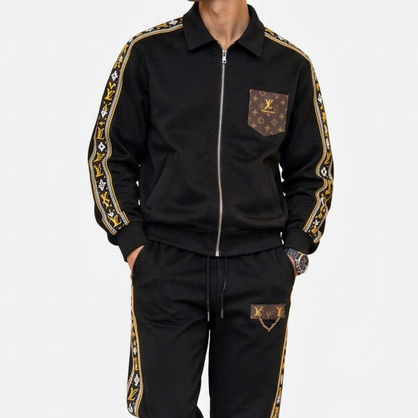 Premium Exclusive High-End Quality Black Tracksuit Set with Patterned Side Stripes