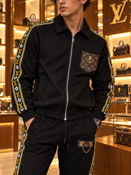Premium Exclusive High-End Quality Black Tracksuit Set with Patterned Side Stripes