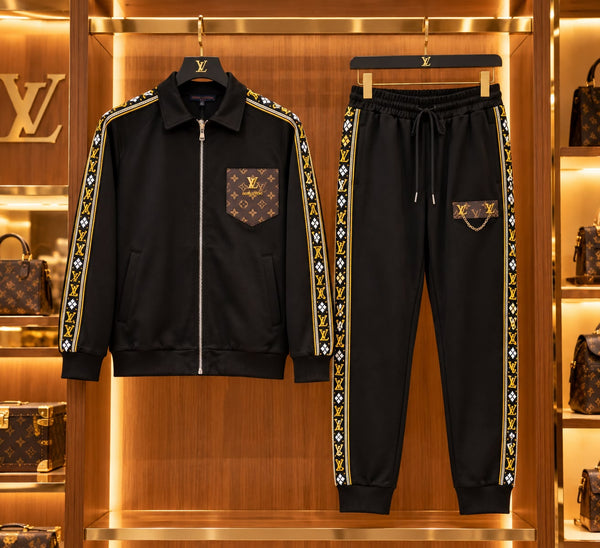 Premium Exclusive High-End Quality Black Tracksuit Set with Patterned Side Stripes