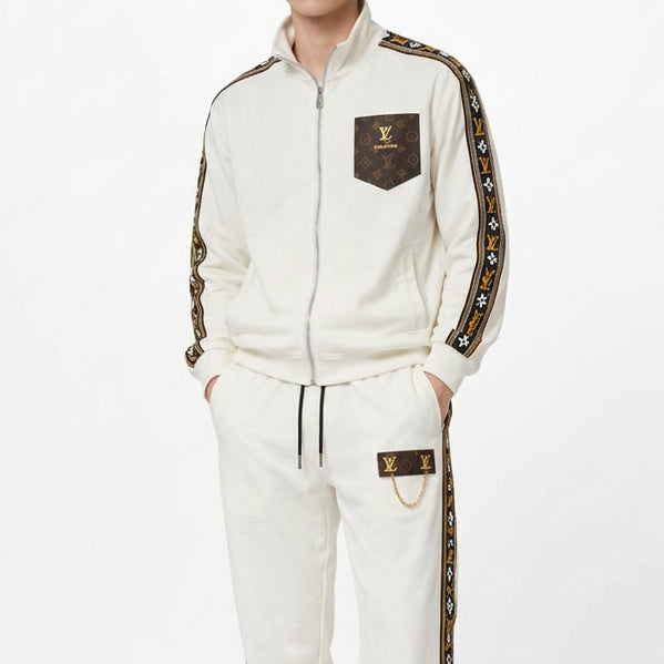 Premium Exclusive High-End Quality White Tracksuit Set with Patterned Side Stripes