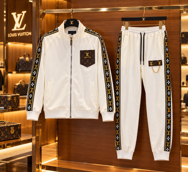Premium Exclusive High-End Quality White Tracksuit Set with Patterned Side Stripes