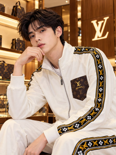 Premium Exclusive High-End Quality White Tracksuit Set with Patterned Side Stripes