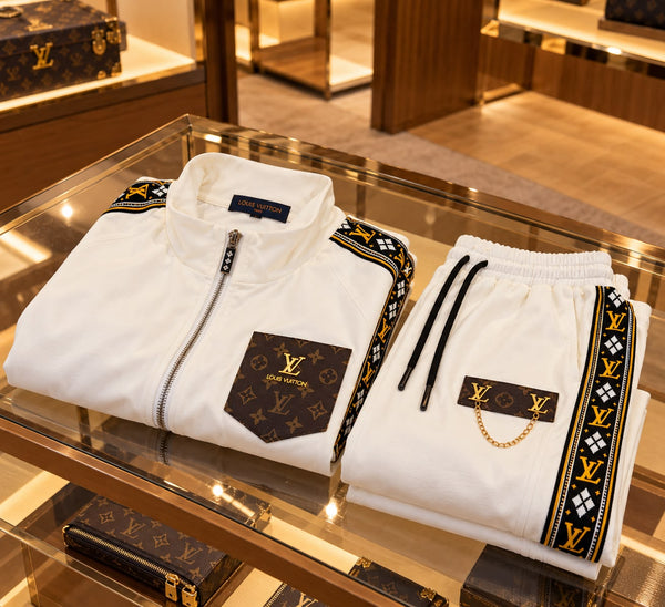 Premium Exclusive High-End Quality White Tracksuit Set with Patterned Side Stripes