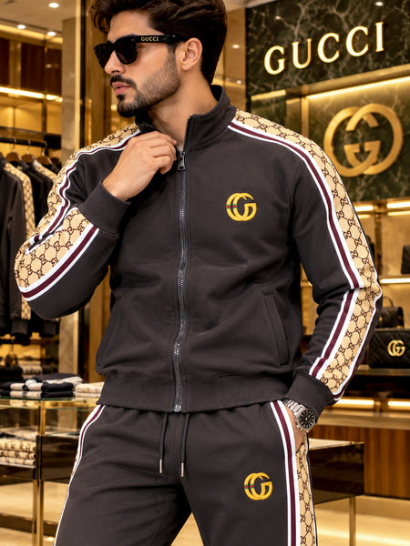 Premium Exclusive High-End Quality Dark Grey Tracksuit Set with Patterned Side Panels