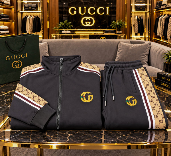 Premium Exclusive High-End Quality Dark Grey Tracksuit Set with Patterned Side Panels