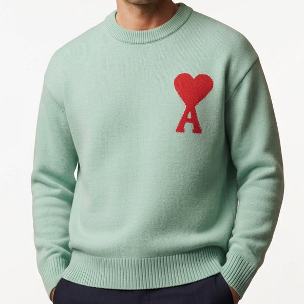 Premium Exclusive High-End Quality Mint Green Knit Crew-Neck Pullover with Heart Detail