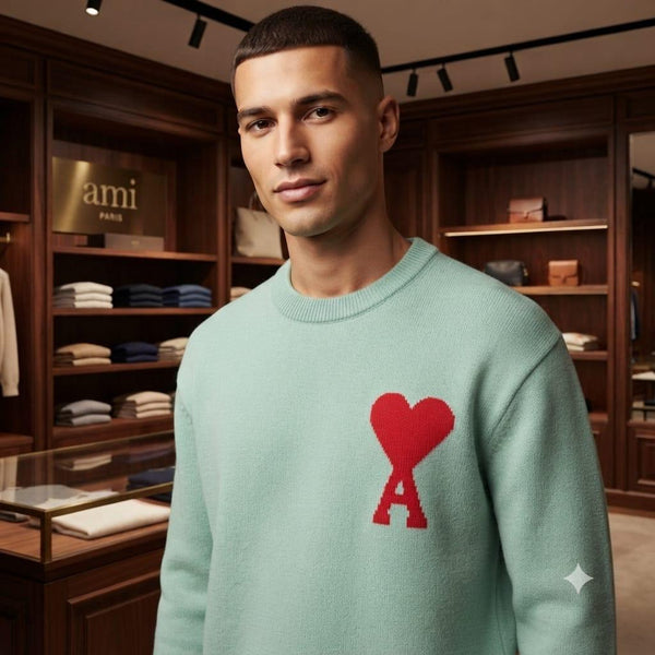 Premium Exclusive High-End Quality Mint Green Knit Crew-Neck Pullover with Heart Detail
