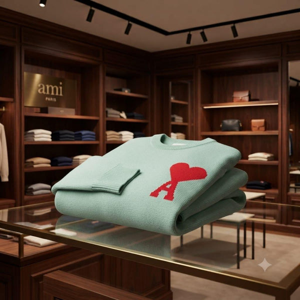 Premium Exclusive High-End Quality Mint Green Knit Crew-Neck Pullover with Heart Detail