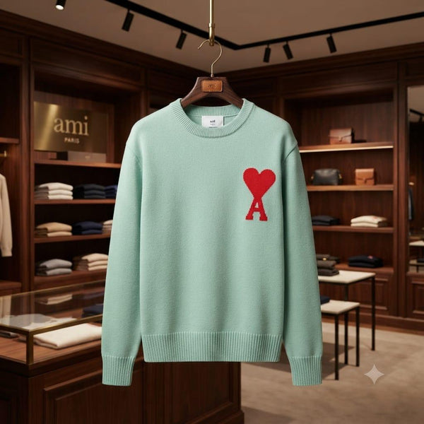 Premium Exclusive High-End Quality Mint Green Knit Crew-Neck Pullover with Heart Detail
