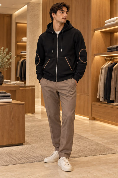 Premium Exclusive High-End Quality Black Full-Zip Hoodie with Elbow Patch Detail