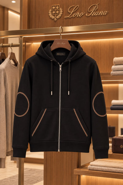 Premium Exclusive High-End Quality Black Full-Zip Hoodie with Elbow Patch Detail