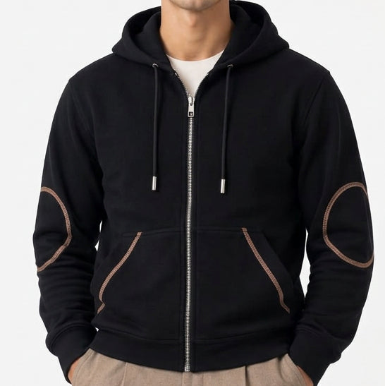 Premium Exclusive High-End Quality Black Full-Zip Hoodie with Elbow Patch Detail
