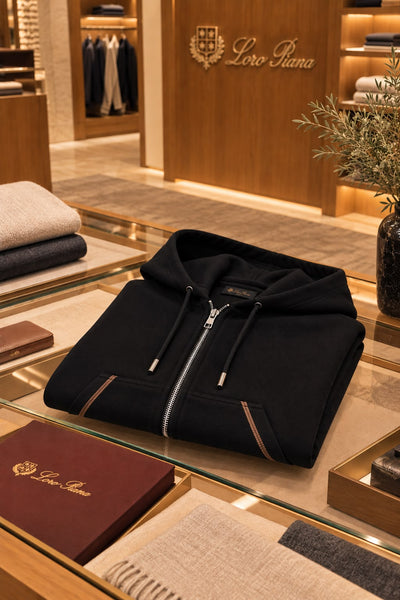 Premium Exclusive High-End Quality Black Full-Zip Hoodie with Elbow Patch Detail