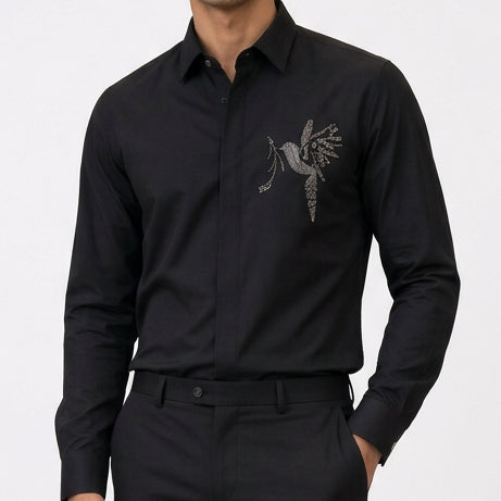 Premium Embroidered Bird Motif Long Sleeve Shirt