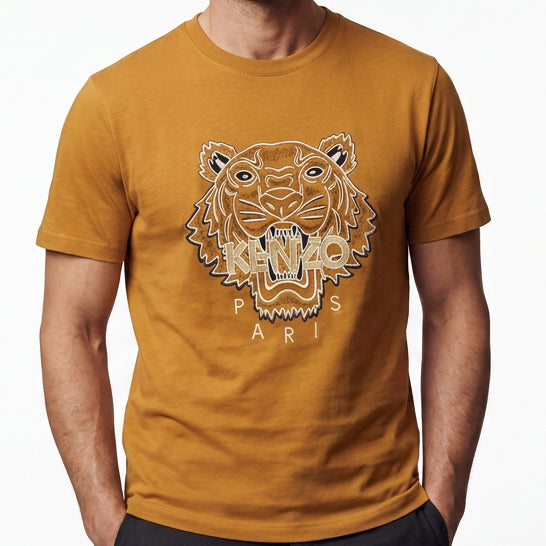 Premium Exclusive Golden Yellow Tiger Embroidered Crew Neck T-Shirt
