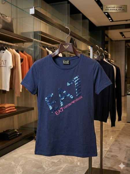 Premium Exclusive Navy Blue Sequin Graphic Ladies T-Shirt