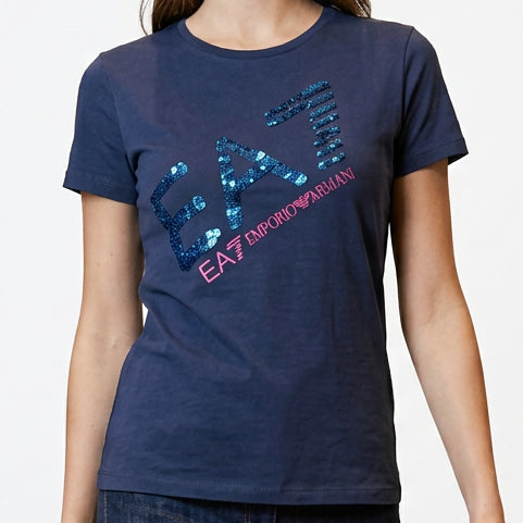 Premium Exclusive Navy Blue Sequin Graphic Ladies T-Shirt
