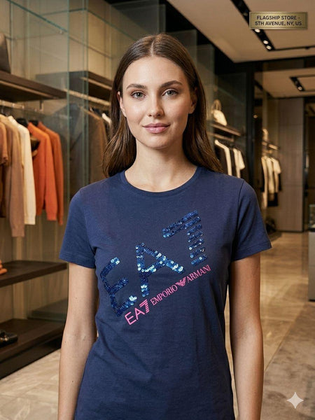 Premium Exclusive Navy Blue Sequin Graphic Ladies T-Shirt