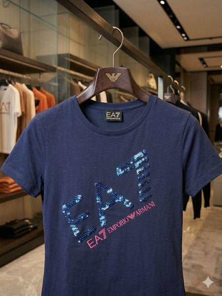 Premium Exclusive Navy Blue Sequin Graphic Ladies T-Shirt