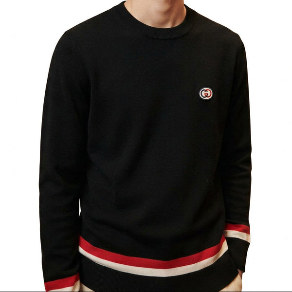 Premium Exclusive Black Contrast Stripe Crew-Neck Pullover