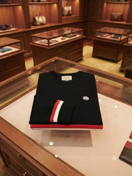 Premium Exclusive Black Contrast Stripe Crew-Neck Pullover