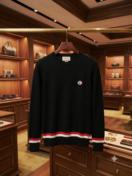 Premium Exclusive Black Contrast Stripe Crew-Neck Pullover